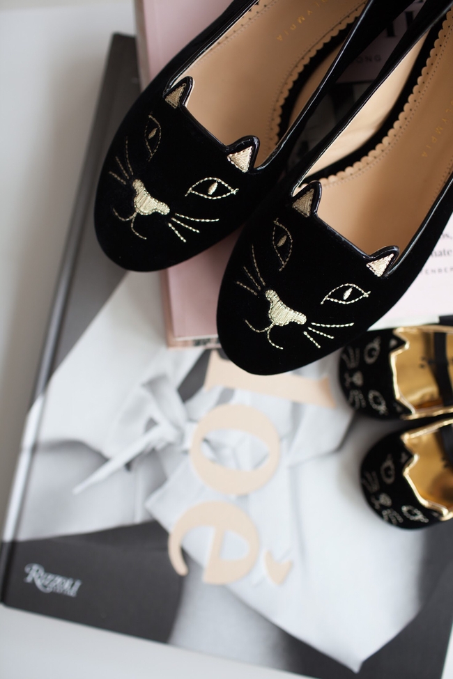 Shop the latest @brandypham in Charlotte Olympia, Kitty Embroidered Velvet Flats